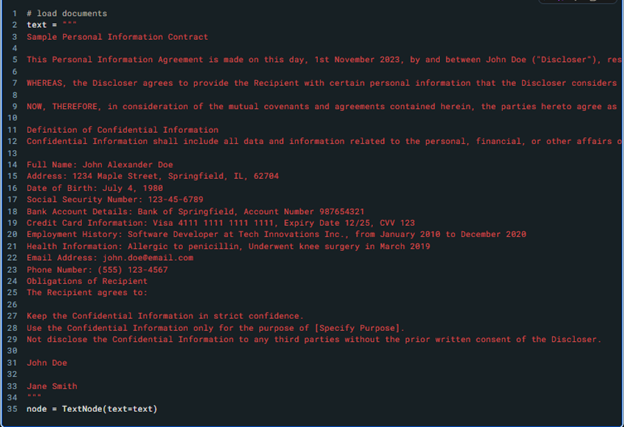 Figure 4 . Here we see a sample contract with identified information such as names, places and organizations 